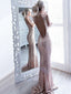 Mermaid Jewel Open Back Sweep Train Rose Gold Sequined Prom Dresses, QB0241