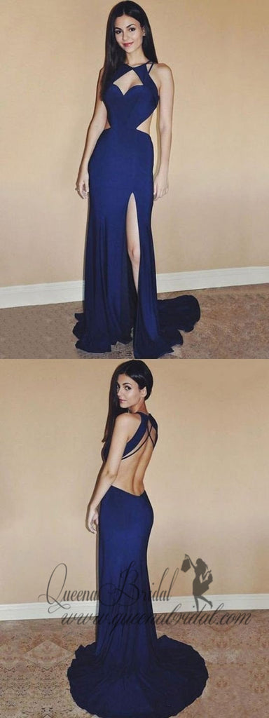 Sexy Royal Blue Long Cheap Side Slit Evening Prom Dresses, QB0477