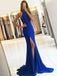 Mermaid Round Neck Split Front Royal Blue Jersey Prom Dresses Online, QB0237