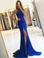 Mermaid Round Neck Split Front Royal Blue Jersey Prom Dresses Online, QB0237