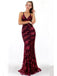 Sexy Maroon Straps Mermaid Sequin Cheap Evening Prom Dresses, QB0361