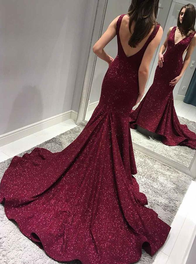 2019 Sexy Backless Maroon Sequin Mermaid Long Evening Prom Dresses, QB0433