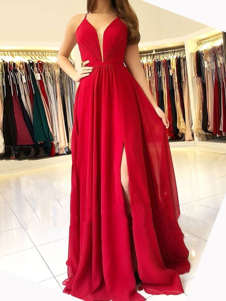 Sexy Bright Red Halter Side Slit Long Evening Prom Dresses, QB0424