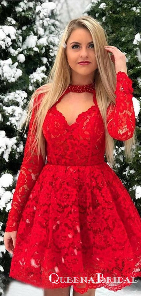 Lace Red Halter Chic Long-Sleeves A-Line Short Homecoming Dresses, QB0833