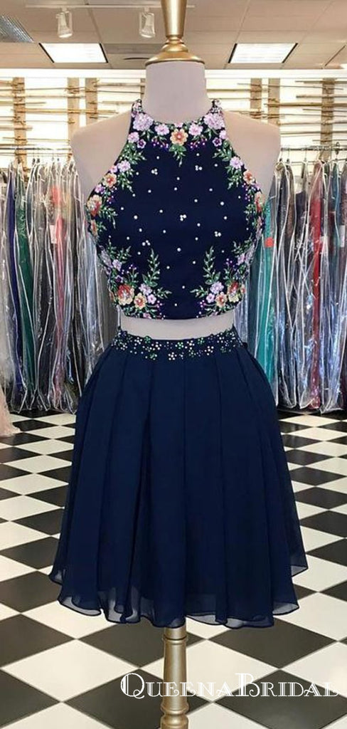 Cute Two Piece Halter Navy Blue Chiffon Short Homecoming Dresses with Embroidery, QB0861