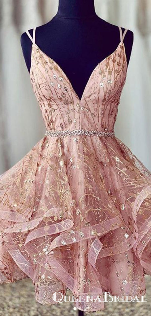 Luxurious A Line V Neck Short Cheap Homecoming Dresses With Beading, QB0892