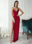 Red Spaghetti Straps Mermaid Side Slit Long Evening Prom Dresses, QB0435