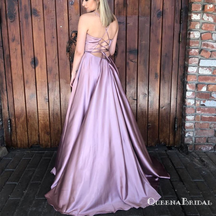 Simple Pink Spaghetti Strap Long Cheap Prom Dresses with Cross Back, QB0664