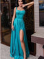 2019 Straps Turquoise Side Slit Simple Long Evening Prom Dresses, QB0409