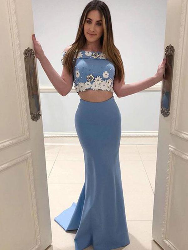 Sexy Off Shoulder Two Pieces Blue Long Cheap Evening Prom Dresses, QB0416