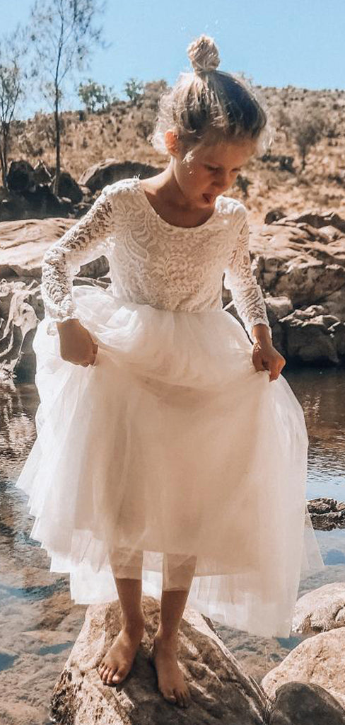 Cute Charming Round Neck Long Sleeves Ivory Lace Tulle Long Cheap Flower Girl Dresses, FD0001