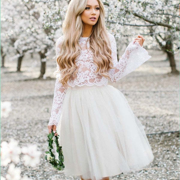 Two Piece Round Neck Short Cheap White Tulle Homecoming Dresses with Lace, QB0052