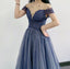Elegant Dark Blue Off Shoulder A-line  With Lace Sequins Illusion Long Prom Dresses,WGP403