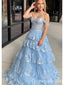 Elegant Blue Off Shoulder A-line Sequins Ruffles Side Slit Lace Up Back Long Prom Dresses,WGP411