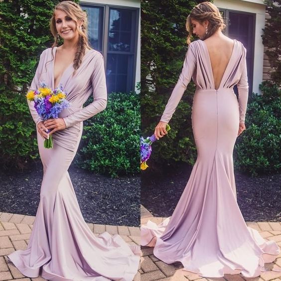 Sexy Mermaid V-neck Long Sleeves Maxi Long Party Prom Dresses Online,WGP324