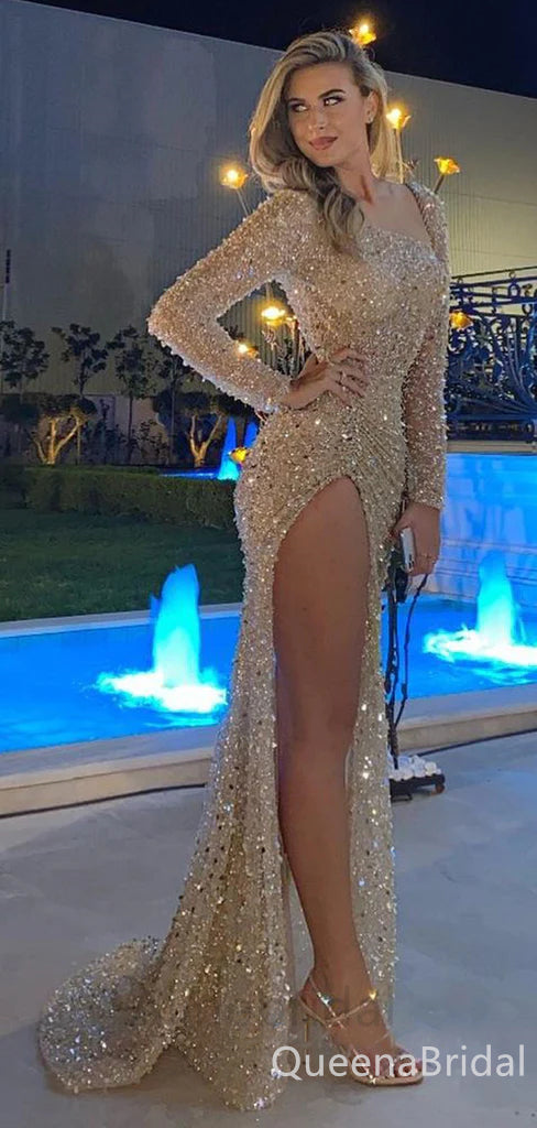 Sparkle Champagne Long Sleeves Evening Gown Maxi Long Evening Party Prom Dresses with Side Slit ,WGP1222