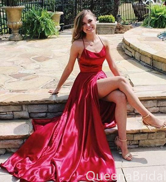 Sexy Red Spaghetti Straps A-line Lace Up Back Evening Gown Maxi Long Formal Dresses Prom Dresses with Side Slit ,WGP887