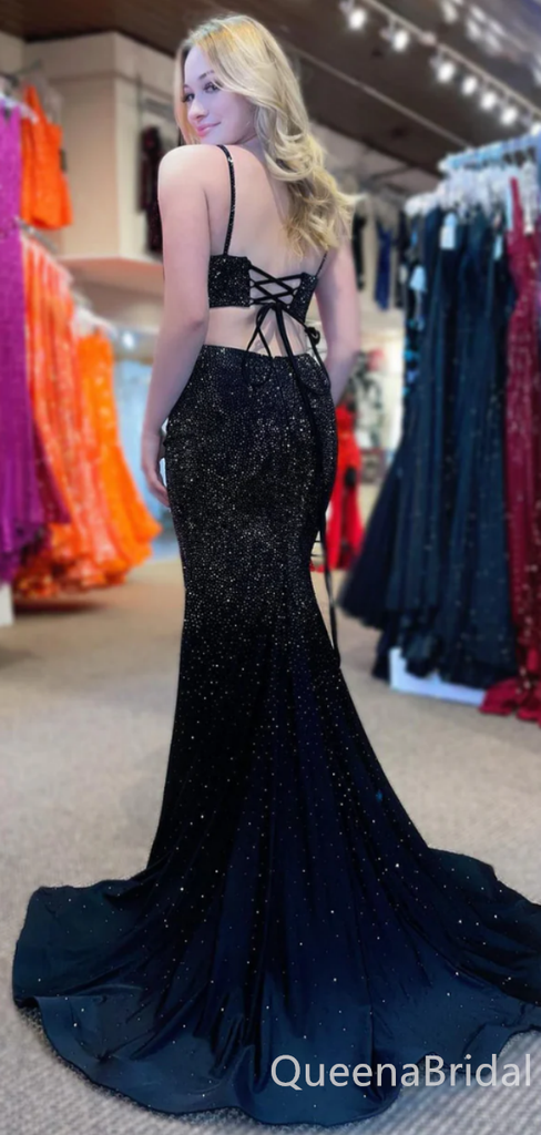 Black Sparkle Spaghetti Straps Lace Up Back Evening Gown Maxi Long Formal Dresses Prom Dresses with High Slit,WGP952