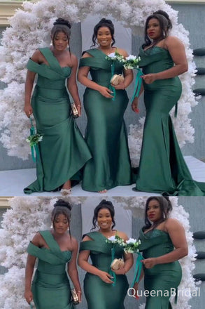 Green Appliques One Shoulder Mermaid Long Bridesmaid Dresses , BDS0179
