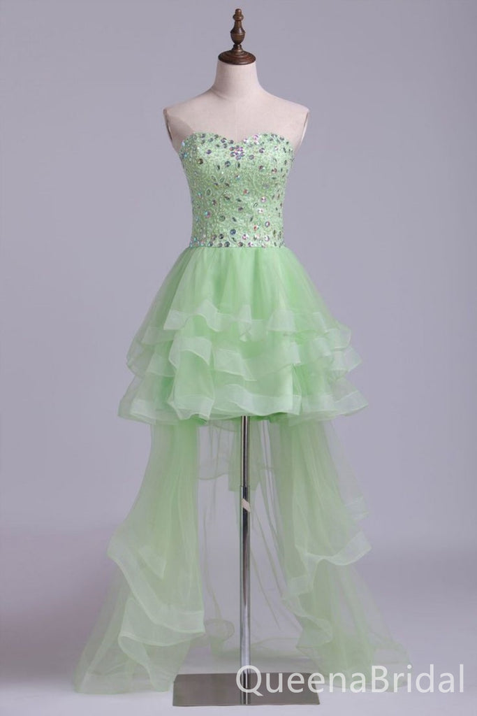 Green Beaded High Low Strapless Sweetheart A-line Graduation Party Short Homecoming Dresses Formal Evening Party Dresses , QB0820