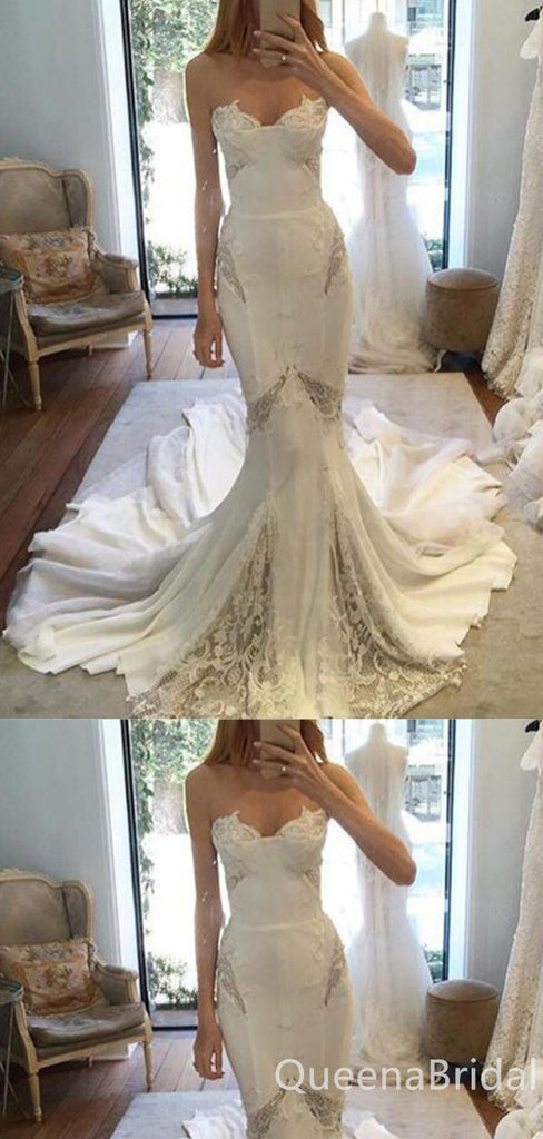 White Strapless Lace Appliques Sweetheart Evening Gown Maxi Long Formal Dresses Prom Dresses with Trailing,WGP943