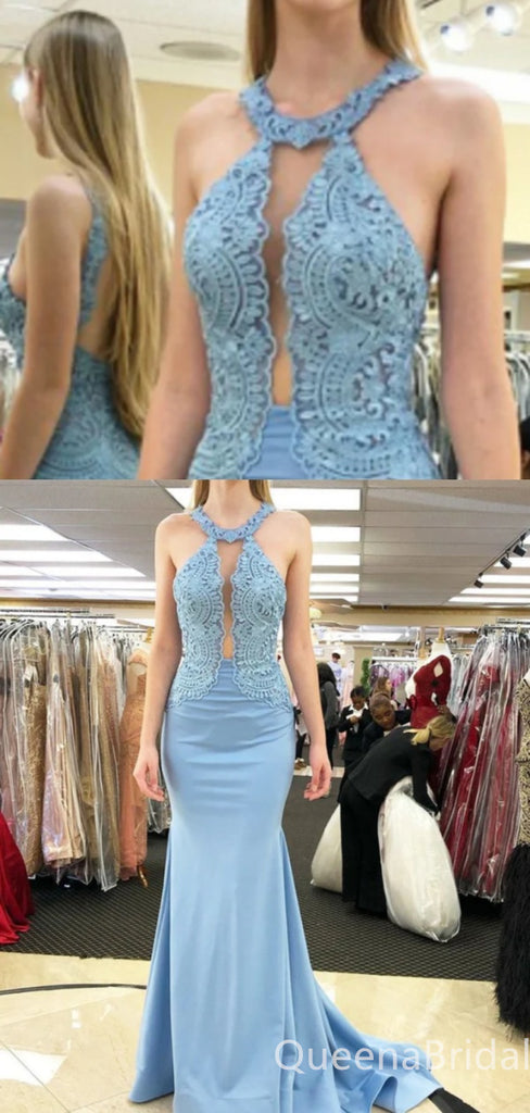 Sexy Light Blue Appliques Mermaid Open Back A-line Evening Gown Long Prom Dresses ,WGP689