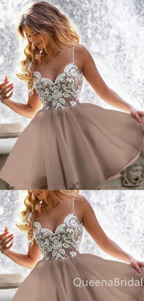 Gorgeous Elegant A-line Lace Appliques Spaghetti Straps Short Homecoming Dresses with Pleats, QB0610