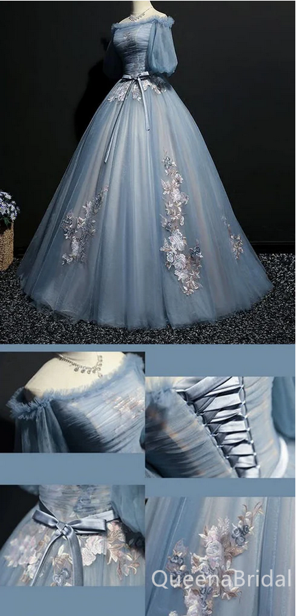 Grey Blue Off Shoulder Flower Embroidery A-line Ball Gown Lace up Back Evening Gown Maxi Long Evening Party Prom Dresses ,WGP1187