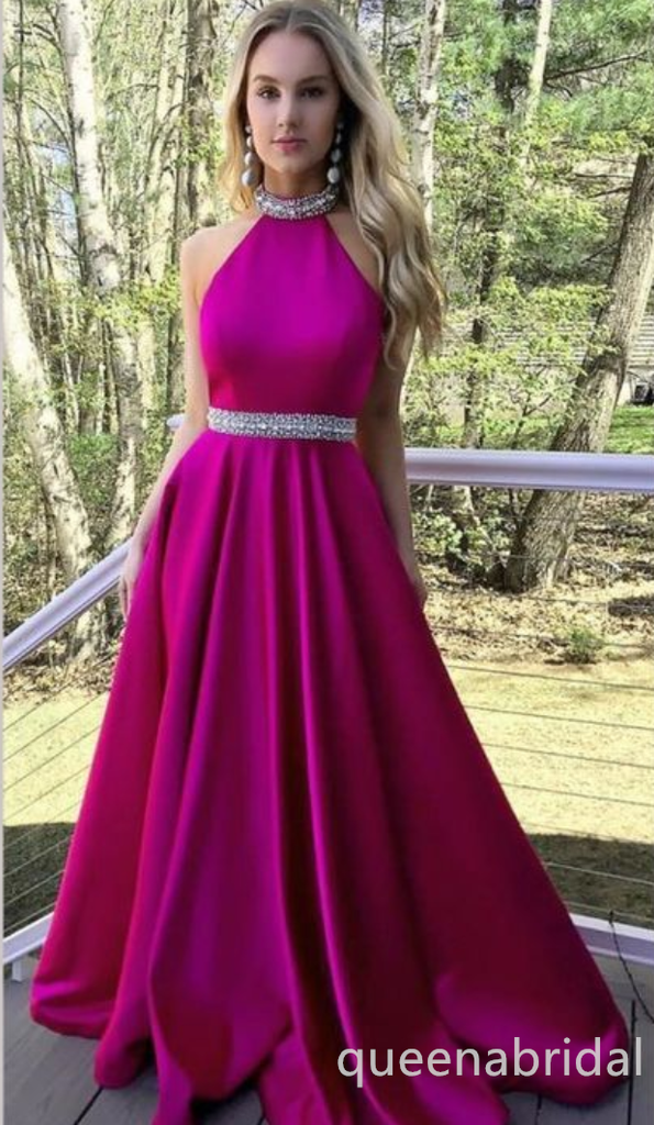 Hot Pink Beaded Halter A-line Evening Gown Maxi Long Evening Party Prom Dresses ,WGP1042