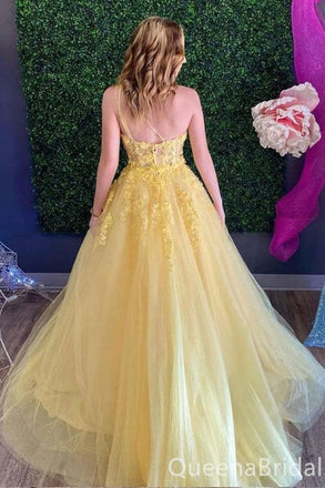 Sexy One Shoulder Yellow A-line Floral Tulle Lace Appliques Evening Gown Long Prom Dresses,WGP697