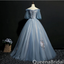 Grey Blue Off Shoulder Flower Embroidery A-line Ball Gown Lace up Back Evening Gown Maxi Long Evening Party Prom Dresses ,WGP1187