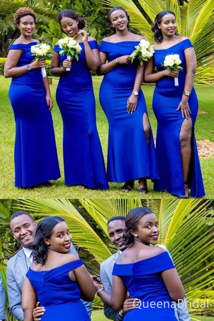 Royal Blue Off Shoulder Mermaid Long Bridesmaid Dresses with Side Slit , BDS0185