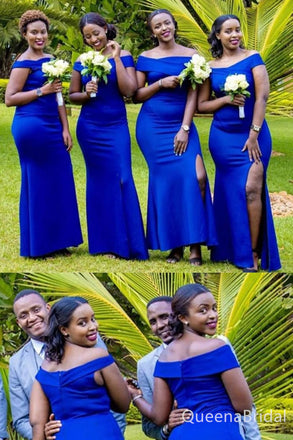 Royal Blue Off Shoulder Mermaid Long Bridesmaid Dresses with Side Slit , BDS0185