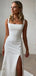 Simple Elegant White Square Neck Long Evening Gown Prom Dresses with Side Slit,WGP580