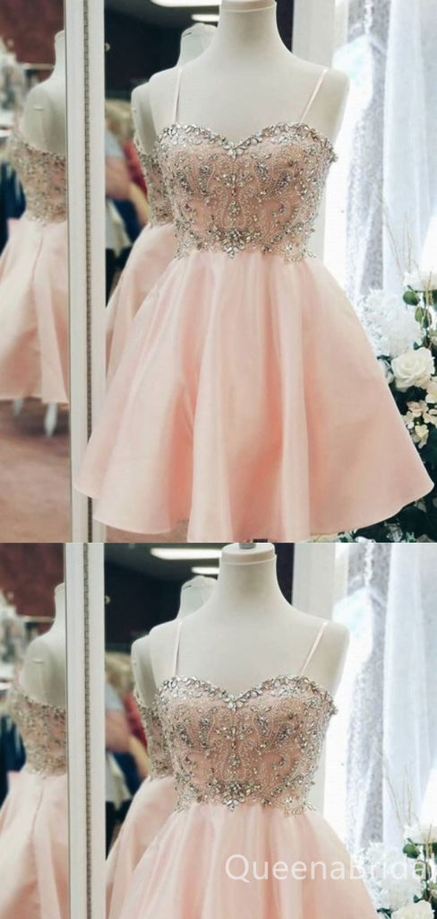 Light Pink Beaded Spaghetti Straps Sweetheart A-line Graduation Party Short Homecoming Dresses with Pleats,QB0745