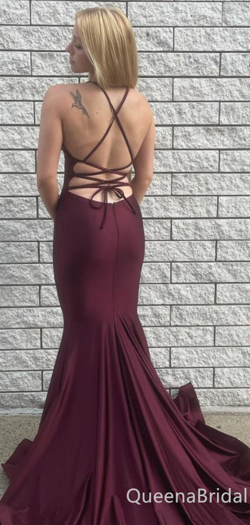 Sexy Burgundy V-neck Lace Up Back Mermaid Evening Gown Maxi Long Formal Dresses Prom Dresses ,WGP869