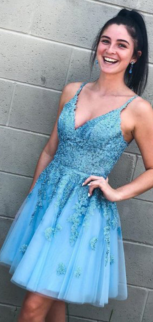 Sexy Appliques Tulle A-line Spaghetti Straps Short Homecoming Dresses , QB0558