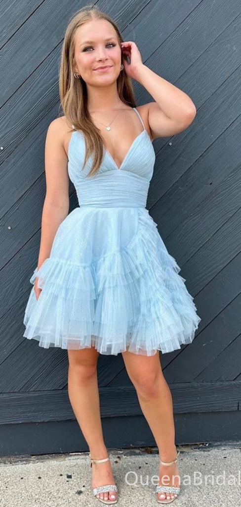 Elegant Light Blue Spaghetti Straps A-line V-neck Graduation Party Homecoming Dresses with Ruffles ,QB0675