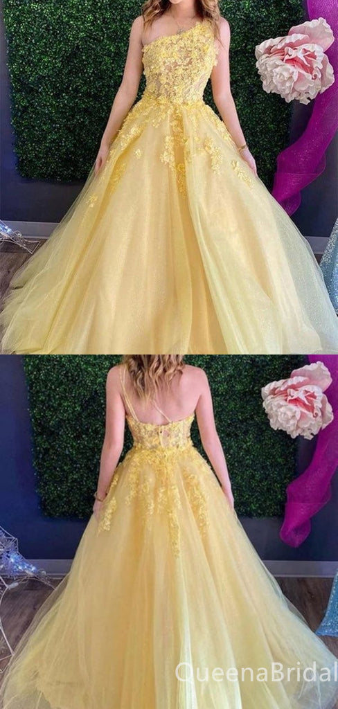 Sexy One Shoulder Yellow A-line Floral Tulle Lace Appliques Evening Gown Long Prom Dresses,WGP697