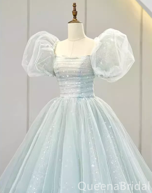 Elegant Light Blue A-line Bubble Sleeves Lace up Back Long Party Dress Prom Dresses ,WGP1775