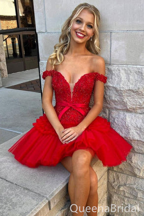 Red Off Shoulder Plunging Appliques Beaded A-line Graduation Party Short Homecoming Dresses, QB0796