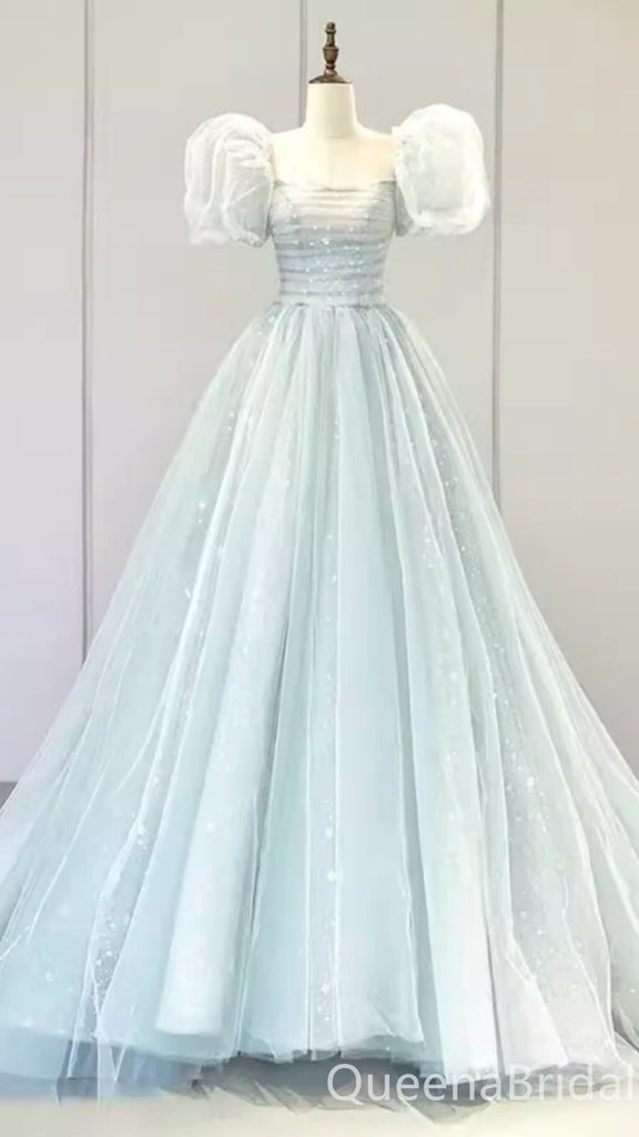 Elegant Light Blue A-line Bubble Sleeves Lace up Back Long Party Dress Prom Dresses ,WGP1775