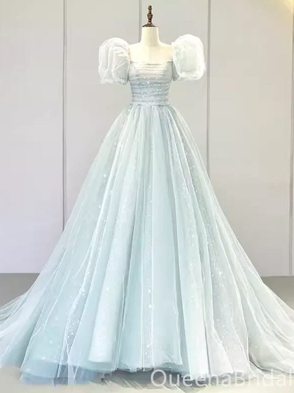 Elegant Light Blue A-line Bubble Sleeves Lace up Back Long Party Dress Prom Dresses ,WGP1775