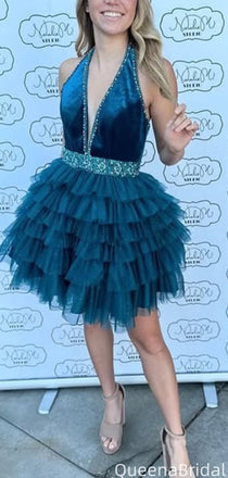 Elegant Deep V-neck Halter A-line Short Mini Homecoming Dress,QB1004