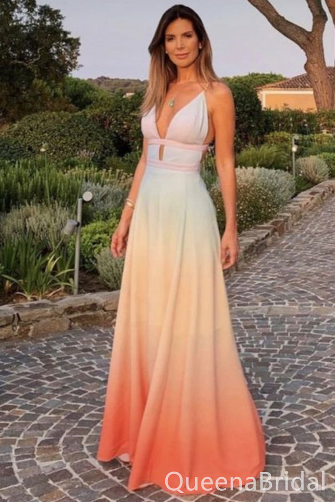 Orange Plunging Spaghetti Straps Prom Dresses to Impress with Slit,WGP1304