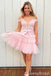 Pink Off Shoulder Plunging Lace Appliques A-line Graduation Party Short Homecoming Dresses, QB0797