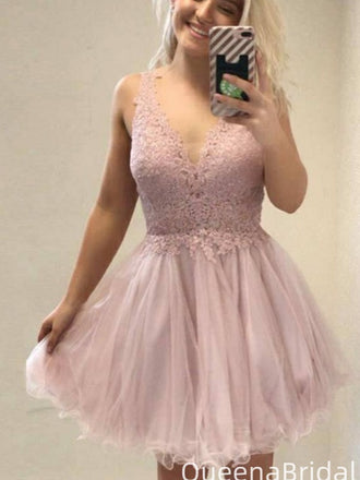 Elegant V-neck Lace A-line Short Mini Homecoming Dress,QB1005