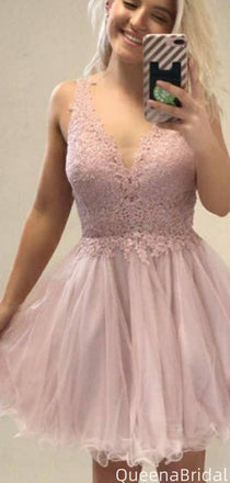Elegant V-neck Lace A-line Short Mini Homecoming Dress,QB1005