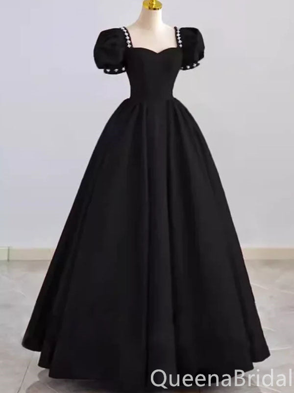 Gorgeous Black Sweetheart Bubble Sleeves A-line Beaded Long Party Dress Prom Dresses ,WGP1777