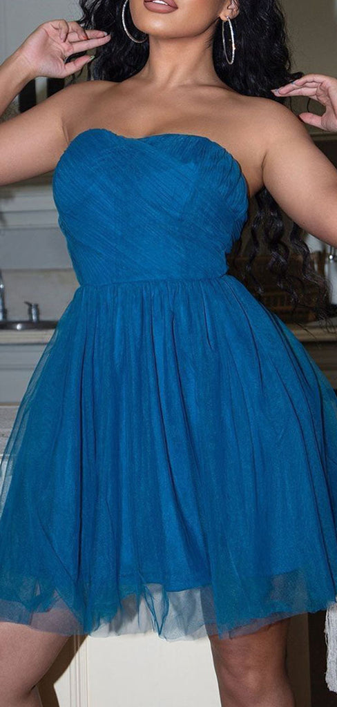 Sexy Blue A-Line Tulle Strapless Short Homecoming Dresses, QB0545